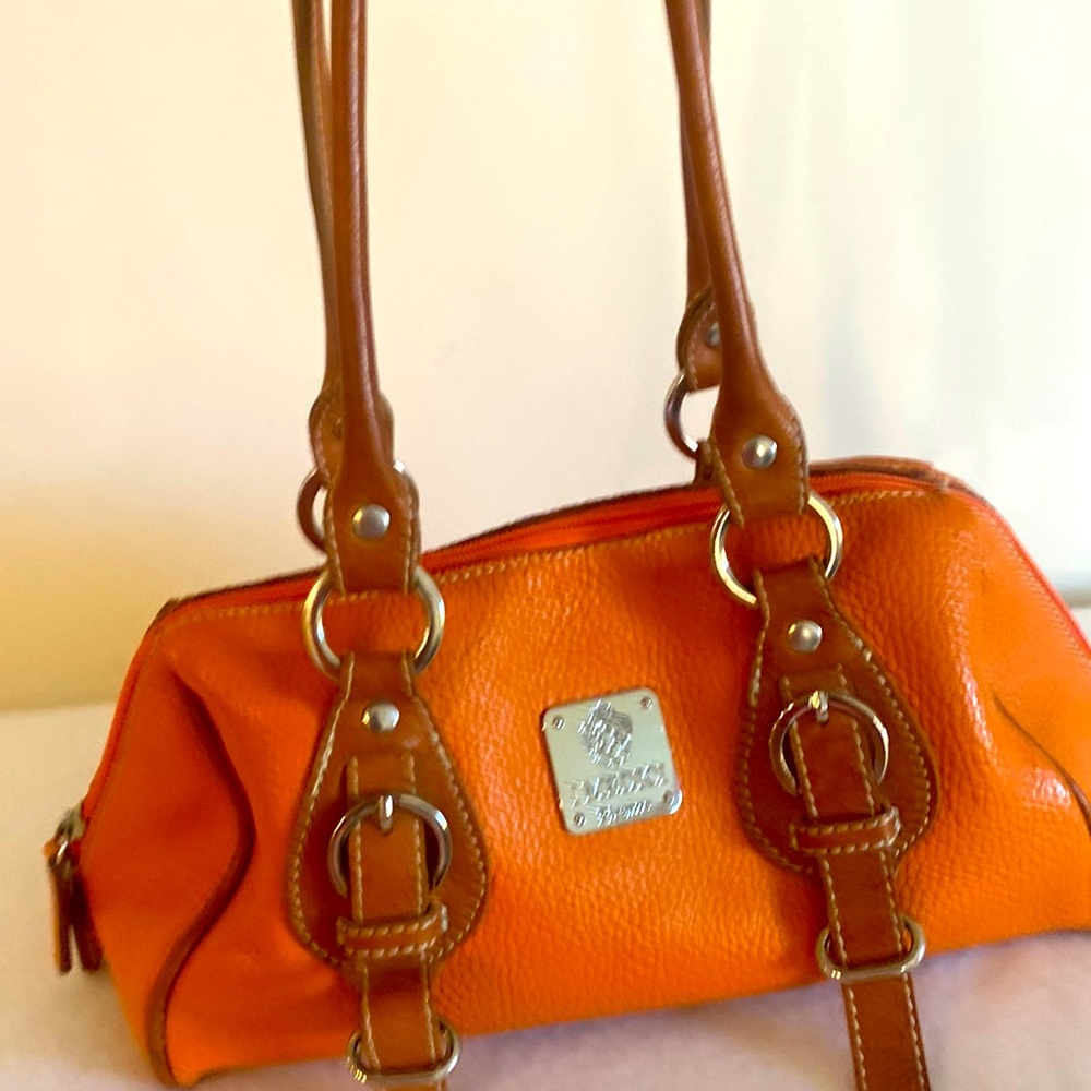 Orange Mini Leather Satchel Bag with Brown Trim